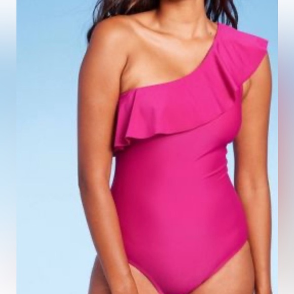 NWT Kona Sol Fuchsia One Piece Bathing Suit size 20 one shoulder ruffle - Picture 2 of 12